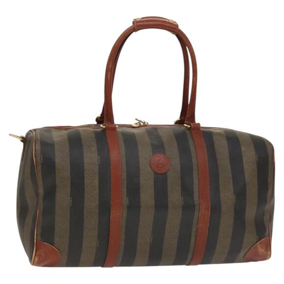 FENDI Pecan Canvas Boston Bag Pvc Black Brown Gold - Picture 1 of 12